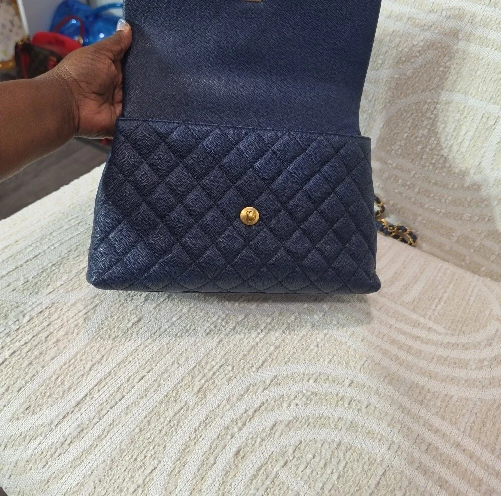 CHANEL Coco Navy Quilted Leather Top Handle Satchel with Burgundy Lizard Handle